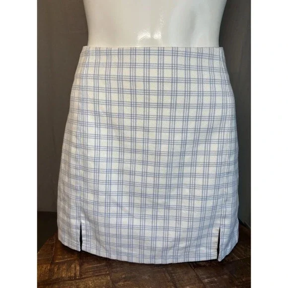 BRANDY MELVILLE Juniors Cute Soft BLUEWHITE PLAID CARA High Rise Mini Skirt - Picture 1 of 15